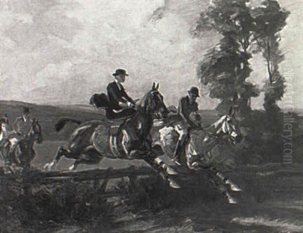 Horse And Riders Jumping A Fence - view 1