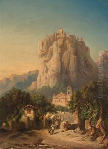 Die Poststrase An Der Burg (soldaten In Balkanlandschaft Mit Meteora Kloster) by Christian Jank