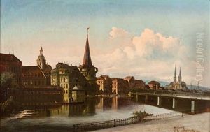 Blick Auf Mittelalterliche Stadt Am Fluss (in Bohmen?) by Johann Wilhelm Jankowski