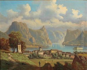View Of Gmunden And Ort Castle Near Traunsee by Johann Wilhelm Jankowski