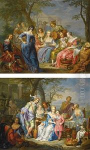 An Elegant Company In A Landscape Serenaded By Musicians, A Classical Building Beyond; An Elegant Company In A Landscape With A Couple Playing Backgammon, Beside A Sculpted Urn And A Classical Facade by Frans Christoph Janneck