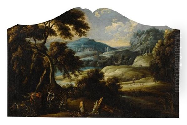 A Landscape With A Shepherd With His Cattle And Sheep, A Village And Mountains Beyond - view 1