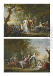 An Elegant Company Merrymaking In A Wooded Landscape; An Elegant Company Dining And Merrymaking In A Wooded Landscape, Near The Banks Of A River by Frans Christoph Janneck
