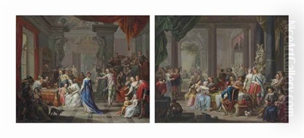 A Musical Banquet In A Palace; And Elegant Figures Dancing And Merrymaking In A Palace (pair) - view 1