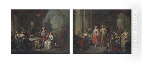 Elegant Company Dancing And Music Making In An Interior (+ Elegant Company Feasting In A Terrace; Pair) - view 1