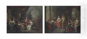 Elegant Company Dancing And Music Making In An Interior (+ Elegant Company Feasting In A Terrace; Pair) by Frans Christoph Janneck