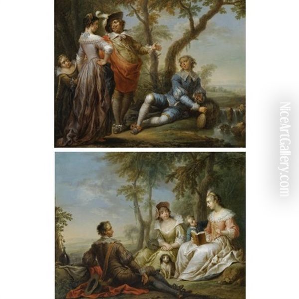 Elegant Company In A Wooded Landscape (pair) - view 1