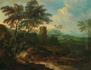 Bewaldete Flusslandschaft Mit Einem Turm, Reitern Und Vielen Figuren by Frans Christoph Janneck