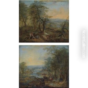 An Extensive Wooded Landscape With An Elegant Hunting Party And Hounds Attacking A Wild Boar (+ Another, Similar; Pair) by Frans Christoph Janneck