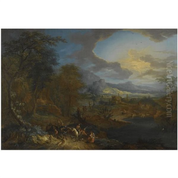 An Extensive Rhenish Landscape With Travellers And Their Horses On A Path In The Foreground - view 1