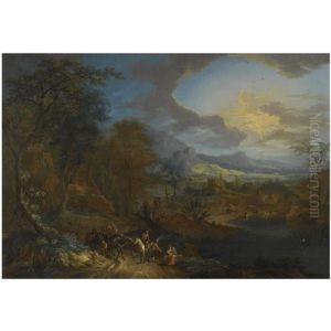 An Extensive Rhenish Landscape With Travellers And Their Horses On A Path In The Foreground