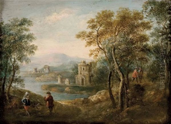 Bewaldete Uferlandschaft Mit Ruinen Und Personen Am Wegrand - view 1