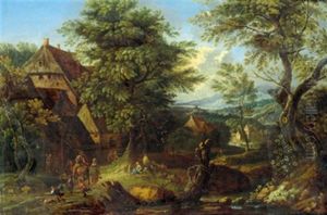 Bewaldete Landschaft Mit Einem Gutshof Und Figuren Bewaldete Landschaft Mit Einem Gutshof Und Figuren