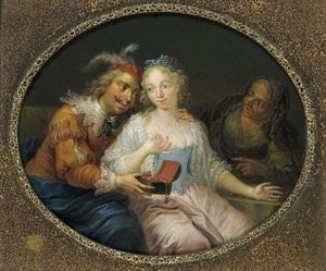 Eine Zigeunerin Liest Einer Jungen Frau Aus Der Hand (+ Ein Freier Bietet Einer Jungen Frau Juwelen, Dahinter Die Kupplerin; Pair)