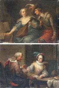 A Couple Playing Cards In An Interior (+ A Couple Playing Music In An Interior; 2 Works) by Frans Christoph Janneck