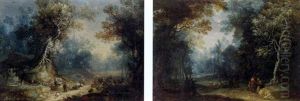 A Wooded Landscape With A Shepherd And Shepherdess At Rest On A Track (+ A Wooded Landscape With Travellers; Pair) by Frans Christoph Janneck