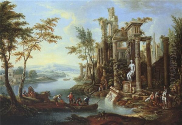 Weite Flusslandschaft Mit Antiker Tempelruine - view 1