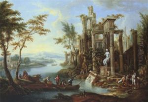 Weite Flusslandschaft Mit Antiker Tempelruine