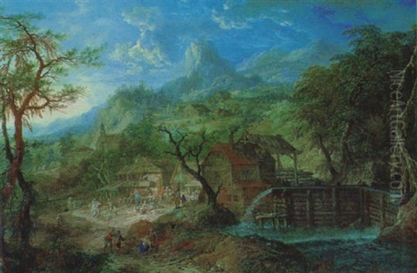 Dorf Im Gebirge Mit Einer Muhle Und Vielen Figuren - view 1