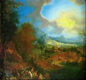 Reisende In Einer Flusslandschaft by Frans Christoph Janneck