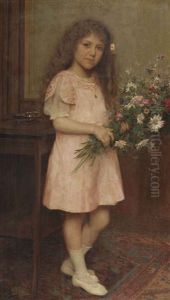 Portrait Of A Young Girl In A White Dress Holding A Bouquet Of Flowers by Edouard De Jans