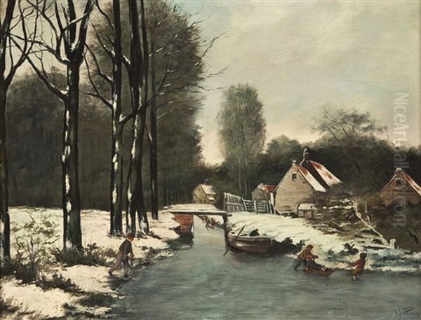 Dorfszenerie Am Zugefrorenen Fluss - view 1