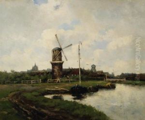 Mills By River De Dieze (molens Langs Riviertje De Dieze Met Op De Achtergrond Een Zicht Op 's-hertogenbosch) by Hendricus Jansen