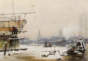 Snow-covered Harbour View With Shipyard