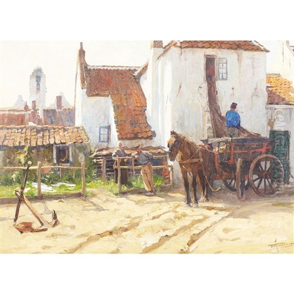 Farmer Loading A Horse-drawn Cart While Neighbours Chat - view 1