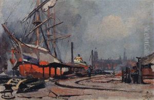 Moored Boats In The Harbour, Amsterdam by Hendrik Willebrord Jansen