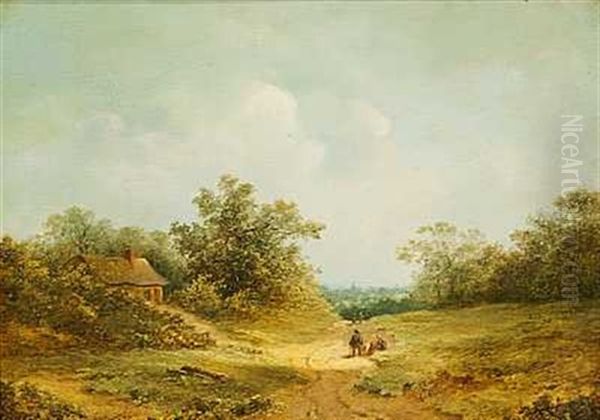 Kuperet Landskab Med Bonder Ved Et Bondehus - view 1