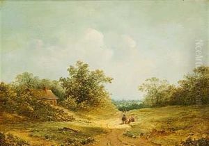 Kuperet Landskab Med Bonder Ved Et Bondehus by Johannes Mauritz Jansen