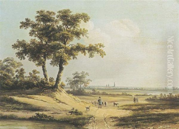 An Extensive Landscape With A Shepherd And Travellers On A Sandy Track - view 1