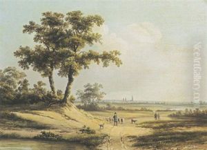 An Extensive Landscape With A Shepherd And Travellers On A Sandy Track