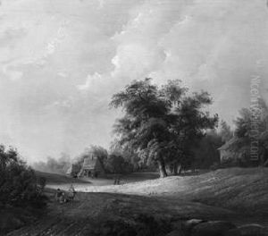 Bauern Vor Gehoft In Bewaldeter Landschaft by Johannes Mauritz Jansen