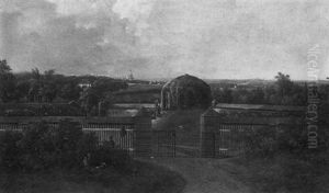 An Extensive Wooded Landscape With A Park Leading To An Estate, A Church Spire Along A River In The Distance