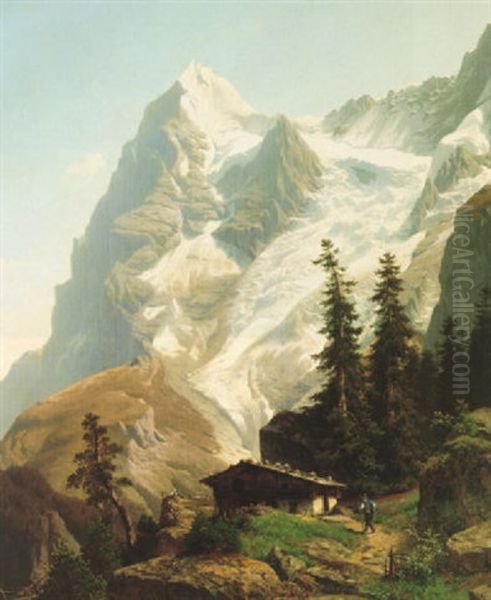 Hiker Approaching An Alpine Mountain House - view 1