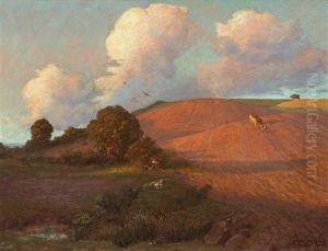 Ein Pfluger Mit Seinem Doppelgespann Vor Baumbestandenem Hugel Und Dramatischer Wolkenstimmung by Luplau Jansen