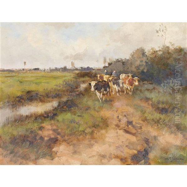 Herding Cows Along A Water Channel - view 1