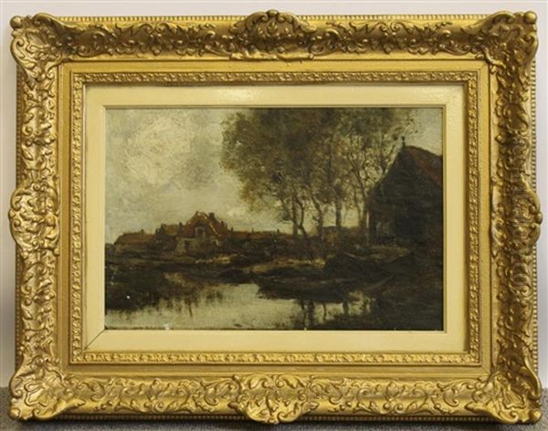 Canal Scene With Boats And Figures, Village Beyond - view 1
