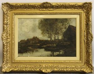 Canal Scene With Boats And Figures, Village Beyond by Willem George Frederik Jansen