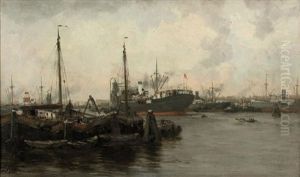 Boats In A Dutch Harbor by Willem George Frederik Jansen