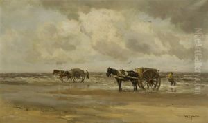 Shellfishers With Horse-and-carriages On The Beach by Willem George Frederik Jansen