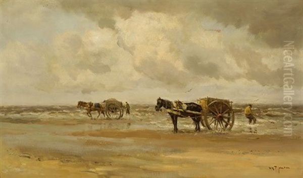 Shell-gatherers With Horses And Carts On The Beach - view 1