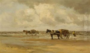 Shell-gatherers With Horses And Carts On The Beach by Willem George Frederik Jansen
