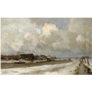 Farm Houses Along A Wintry Canal by Willem George Frederik Jansen