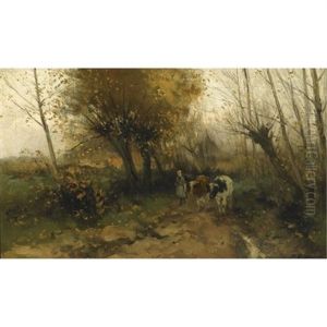 A Cowherdess With Her Cattle On A Country Lane by Willem George Frederik Jansen