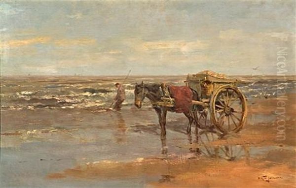 An Extensive Beach Scene With A Figure And A Horse And Cart In The Foreground - view 1