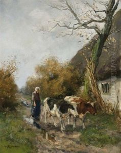 A Peasant Woman With Her Cattle Near A Farm by Willem George Frederik Jansen
