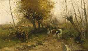 A Cowherdess With Her Flock On A Country Lane by Willem George Frederik Jansen